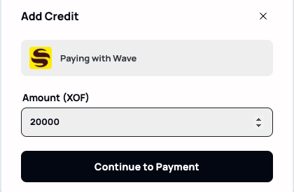 The "Add Credit" dialog showing "Paying with Wave" and an Amount (XOF) field set to 20000