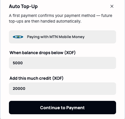 The "Auto Top-Up" dialog with "When balance drops below" and "Add this much credit" fields, both in XOF