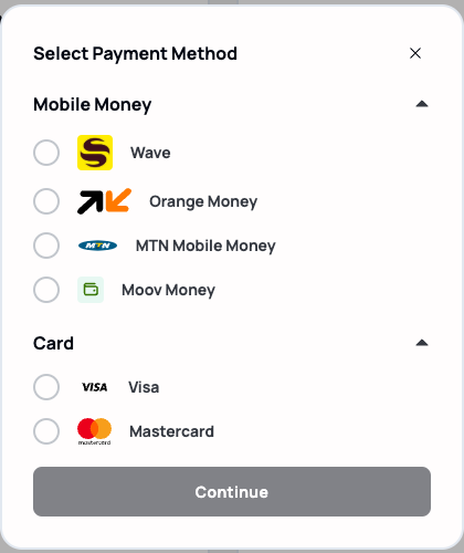 The "Select Payment Method" dialog with Mobile Money (Wave, Orange Money, MTN Mobile Money, Moov Money) and Card (Visa, Mastercard) options