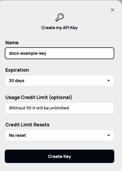 The "Create my API Key" form with Name, Expiration, Usage Credit Limit, and Credit Limit Resets fields