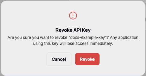 The "Revoke API Key" confirmation dialog