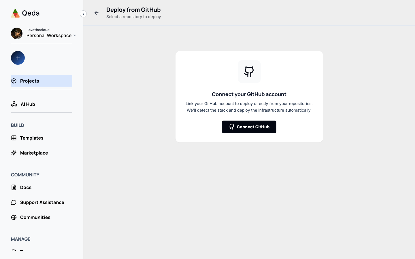 The "Connect your GitHub account" screen shown before any repository can be selected