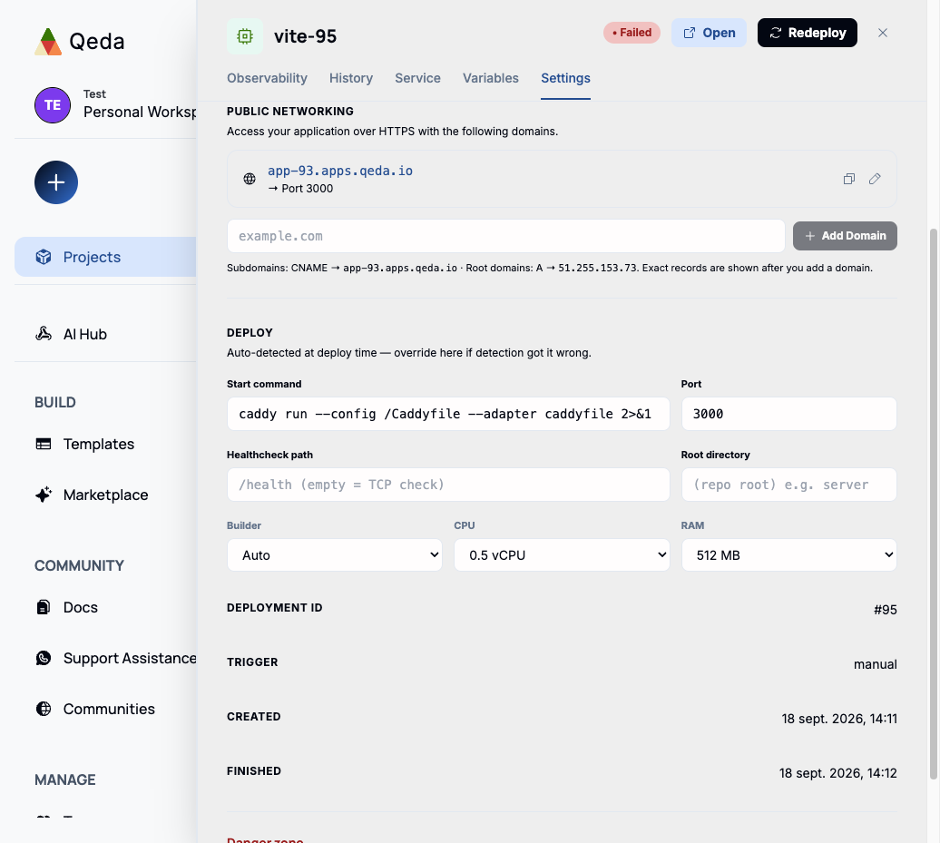 The Public Networking section showing the default app-93.apps.qeda.io subdomain and an "Add Domain" field