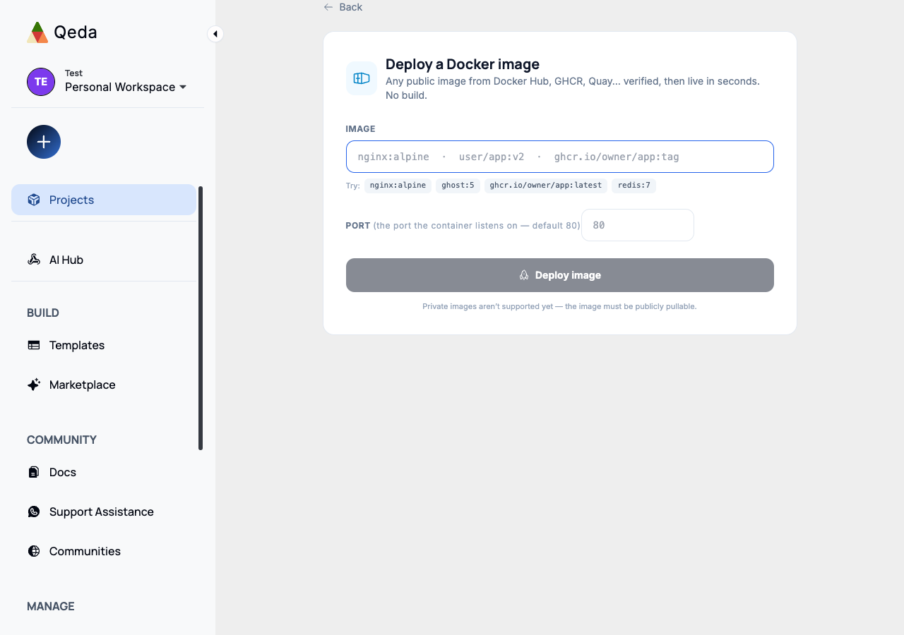 The "Deploy a Docker image" form, with an image field, quick-try tags, and a port field