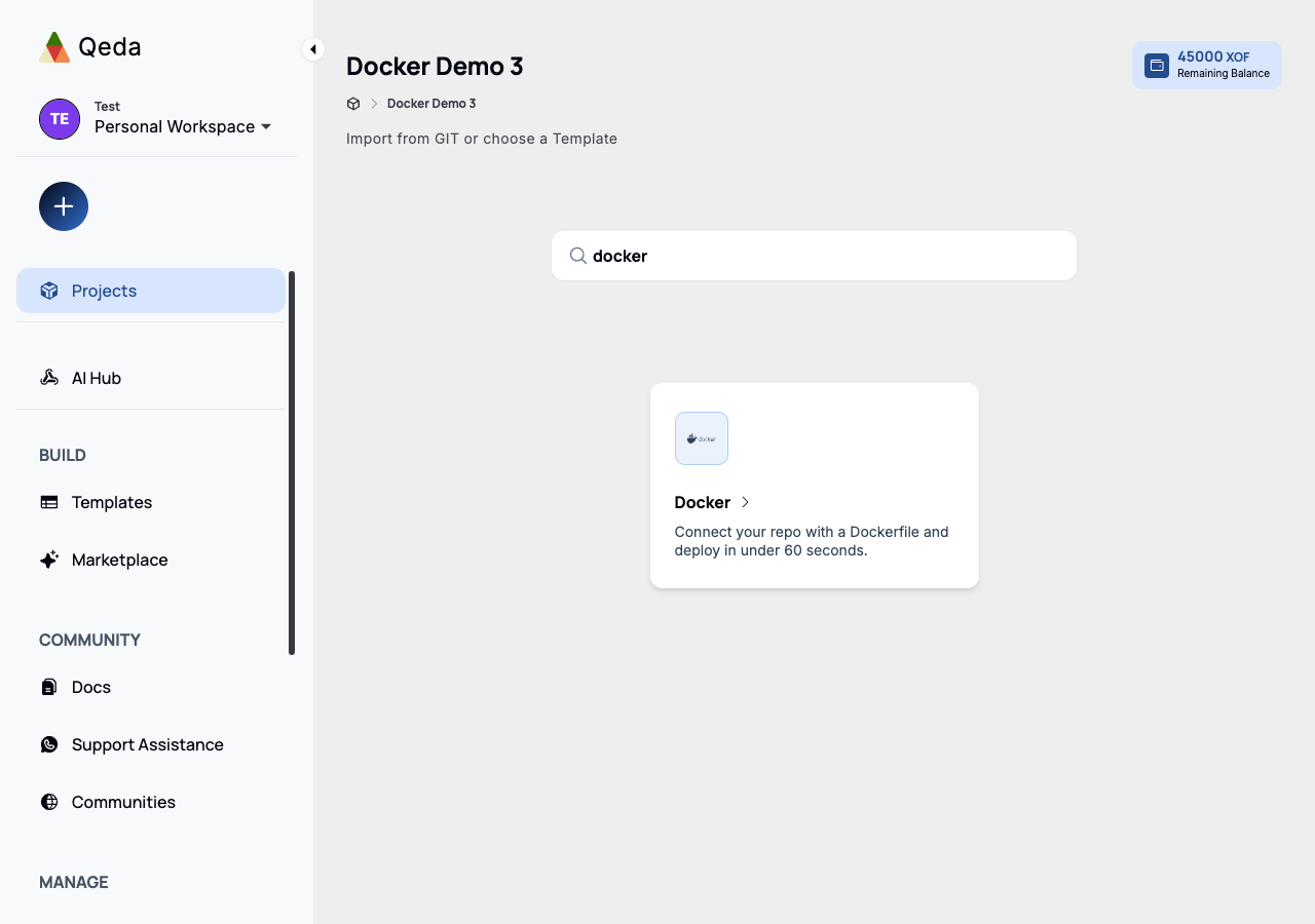The Docker card in the "What do you want to launch?" search results