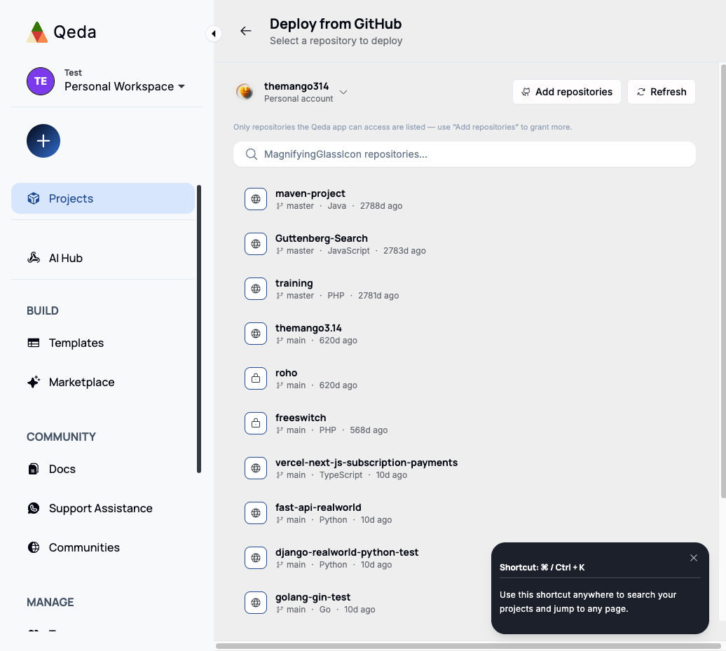 The repository picker, showing a searchable list of repos from a connected GitHub account