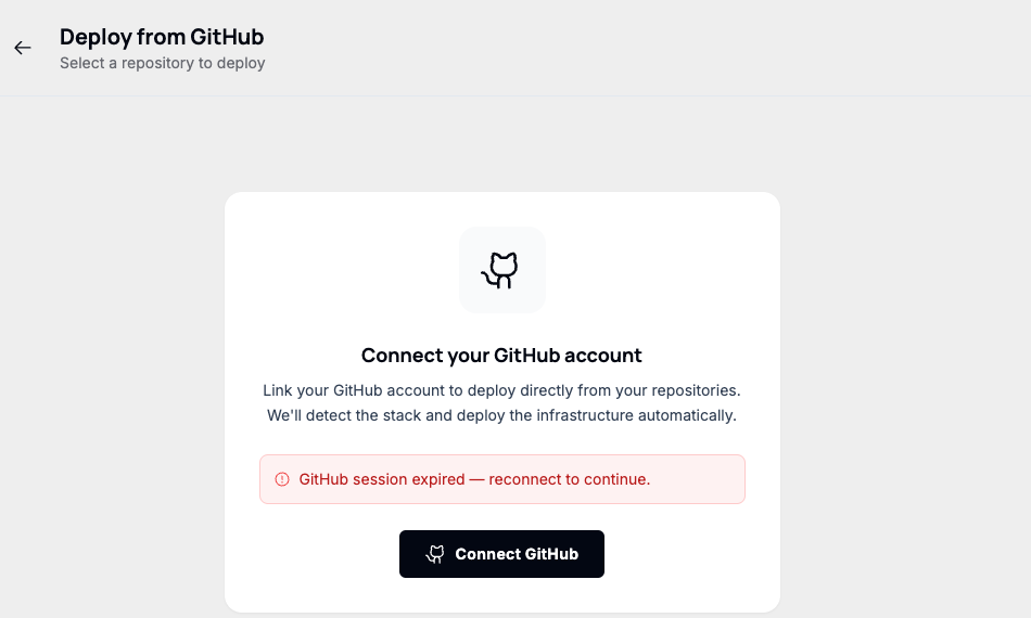 The "Connect your GitHub account" card showing a "GitHub session expired — reconnect to continue" error
