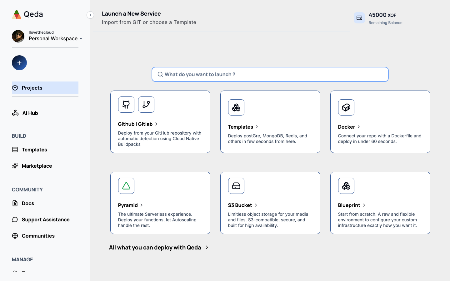 The "Launch a New Service" screen showing all six deployment options