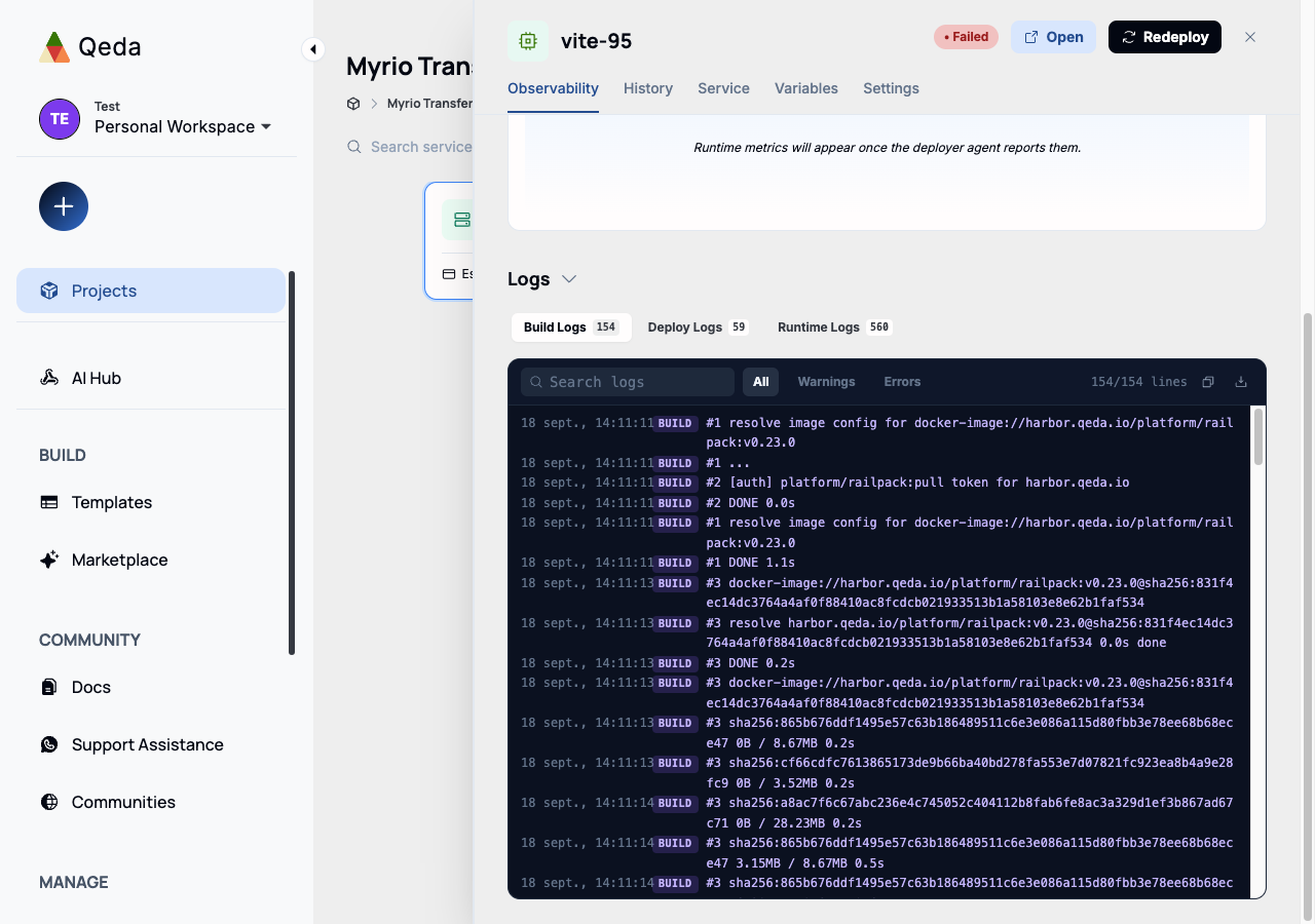The Logs panel showing the Build Logs tab, with timestamped monospace build output