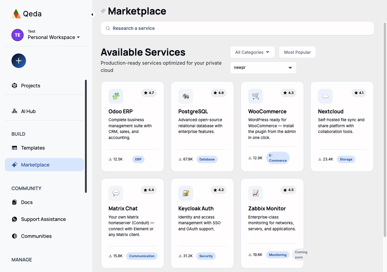 The Marketplace catalog, showing service cards like Odoo ERP, PostgreSQL, WooCommerce, and Nextcloud