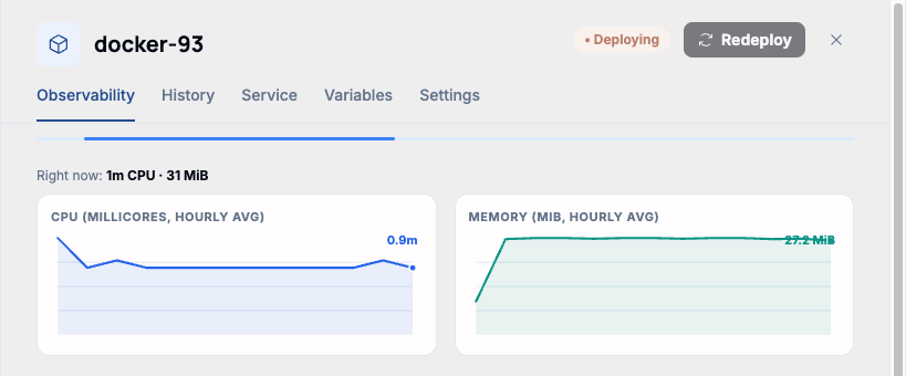 The Observability tab showing live CPU and Memory charts for a running container