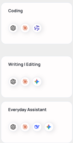 Three preset packs: Coding, Writing | Editing, and Everyday Assistant, each showing their included models' logos