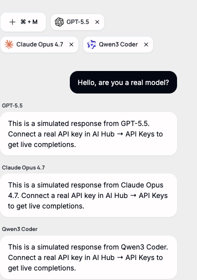Three simulated responses, one per selected model, each stating "This is a simulated response... Connect a real API key in AI Hub → API Keys to get live completions."