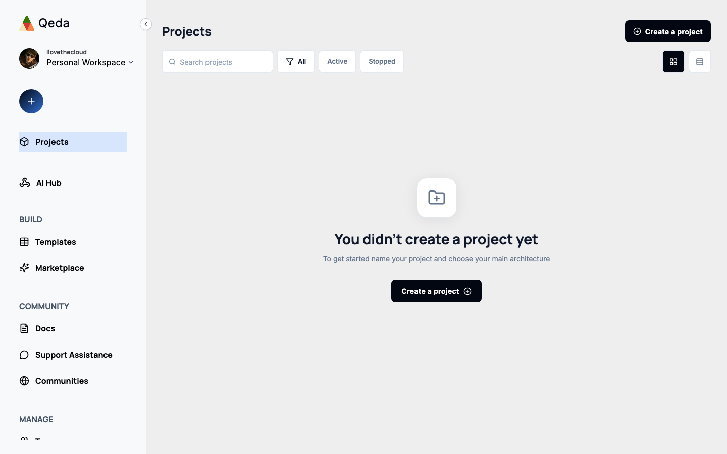 The Projects page on a brand-new account, before any project has been created