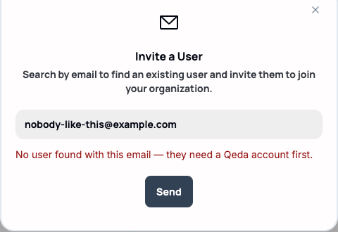 The "Invite a User" dialog showing "No user found with this email — they need a Qeda account first."