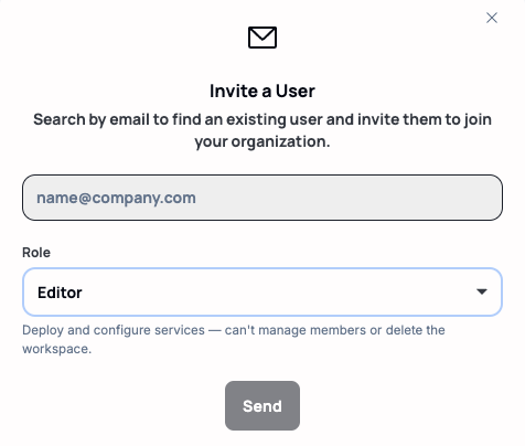 The invite dialog with a Role dropdown set to Editor and its description shown underneath