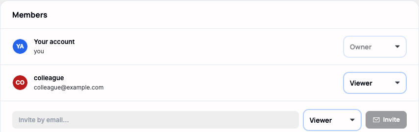 A workspace's member list showing the account owner with a disabled "Owner" dropdown, and an invited member set to "Viewer"
