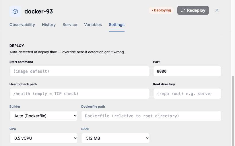 The Settings tab showing CPU and RAM dropdowns set to 0.5 vCPU and 512 MB