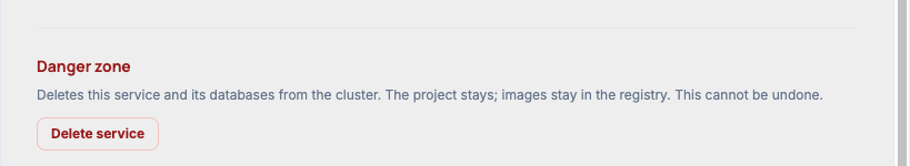 The Danger Zone section with a "Delete service" button