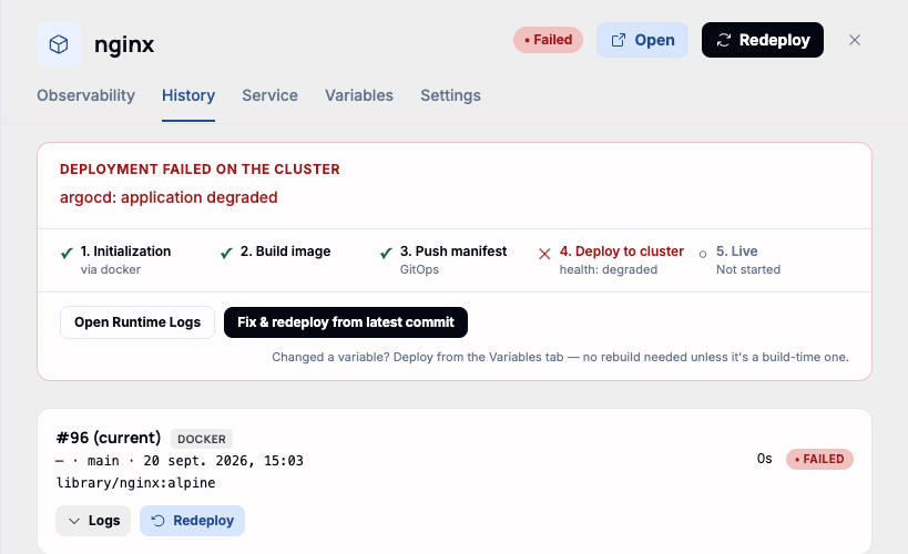The History tab showing a failed deployment and a past deployment entry with its own Redeploy button
