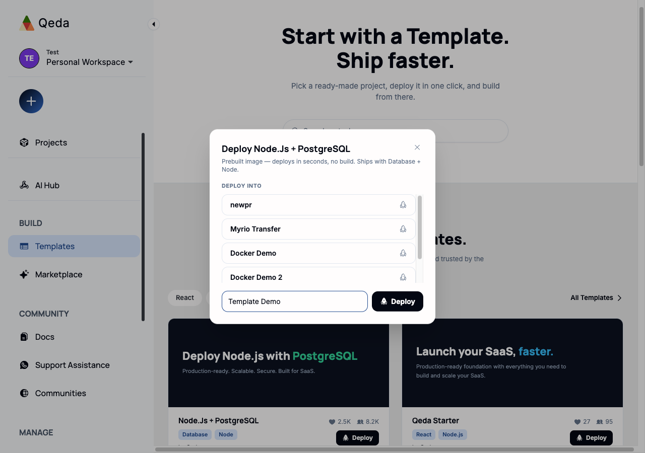The deploy modal for "Node.Js + PostgreSQL", listing existing projects plus a field to create a new one