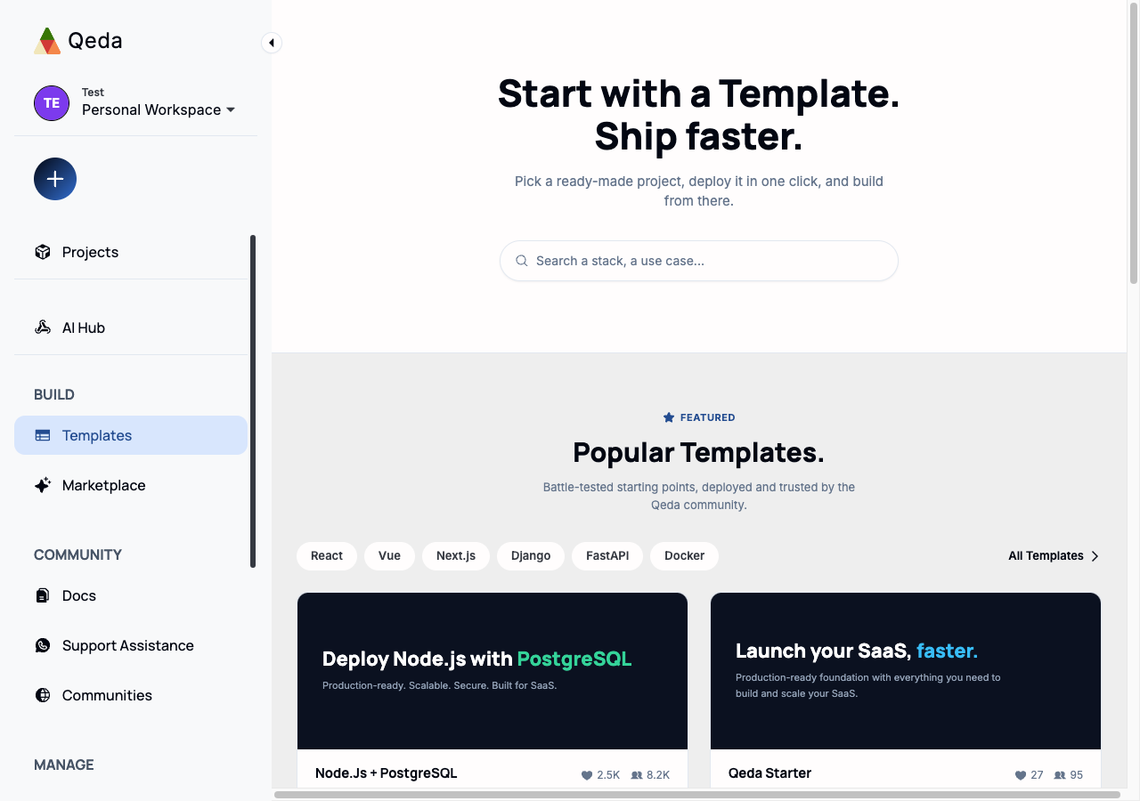 The Templates gallery, with a search bar, stack filter chips, and featured template cards