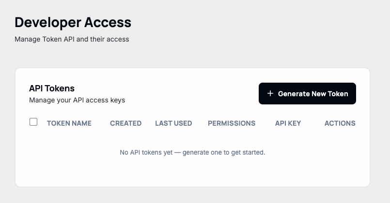 The Developer Access page with no API tokens yet
