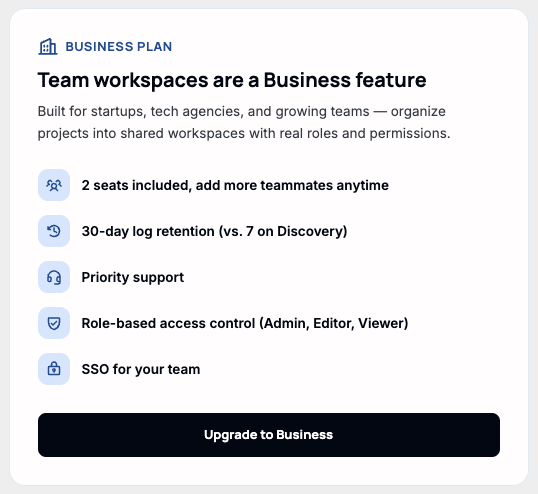 The Team page showing a "Team workspaces are a Business feature" upgrade card with a benefits list
