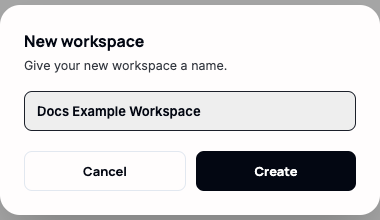 The "New workspace" creation modal with a name field