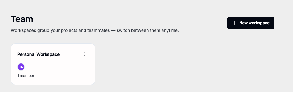 The Team page showing a single "Personal Workspace" card and a "New workspace" button